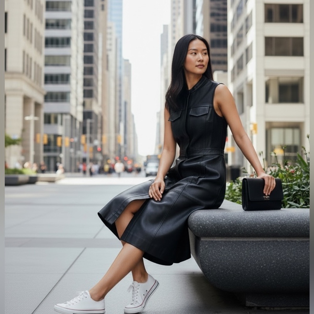 BCBGMaxAzria Sleeveless Black Midi Faux Leather Dress